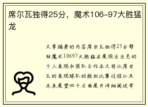 席尔瓦独得25分,魔术106-97大胜猛龙